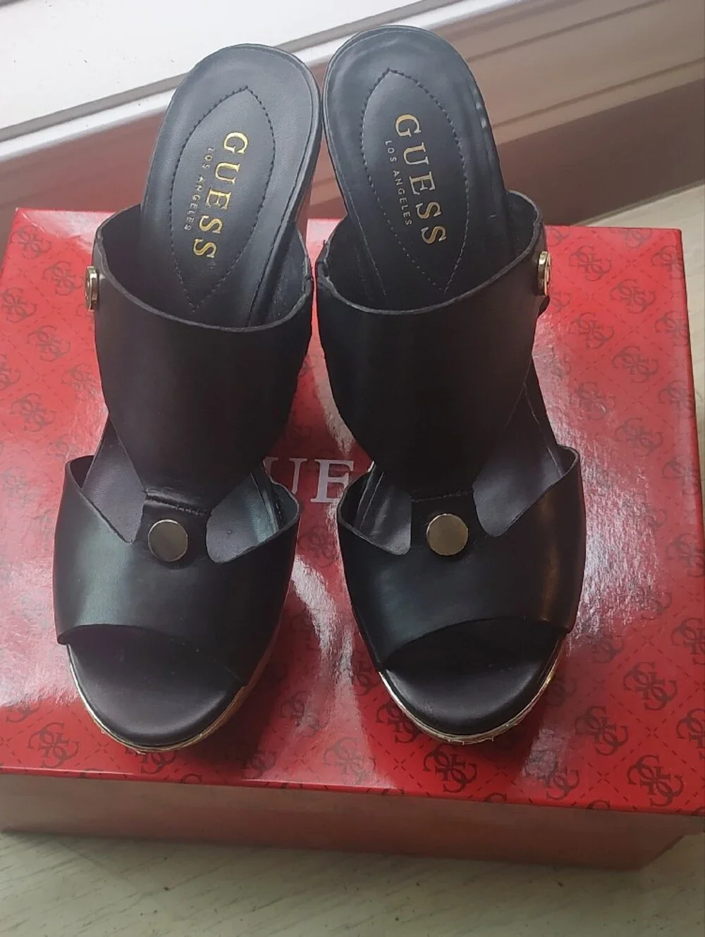 Guess Black Leather Cork Wedge Sandals